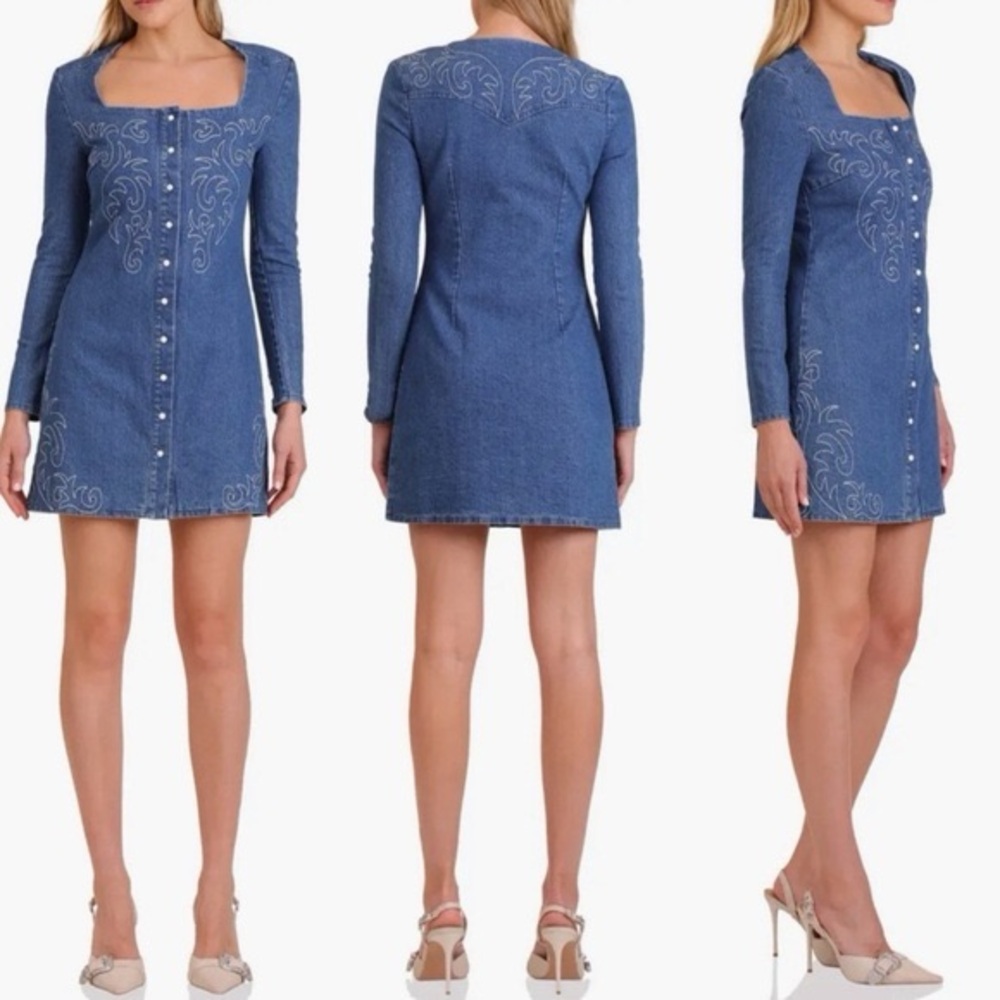 Avec Les Filles Women's Portrait Neck Snap Front Embroidered Dress Size 4 - Picture 4 of 13